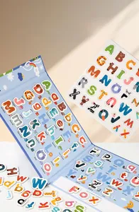 Close-up of wooden alphabet spelling game with magnetic letters and colorful animal cards