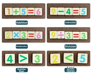 Detailed view of wooden math blocks showing basic arithmetic and logic symbols for kids
