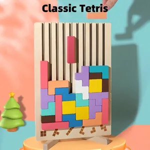 Educational wooden Tetris puzzle game with colorful geometric blocks for kids' logic training