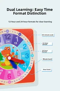 Educational wooden teaching clock with colorful dinosaur dial and 12/24 hour display