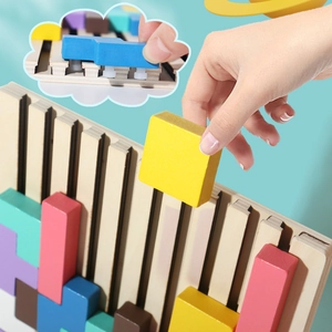 Wooden logic tetris puzzle for kids featuring colorful geometric blocks and sliding vertical tracks