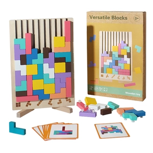 Colorful wooden tetris puzzle blocks with challenge cards and vertical frame for kids