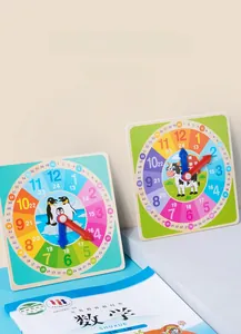 Macro detail of wooden educational clock dials with colorful animal themes and movable hands