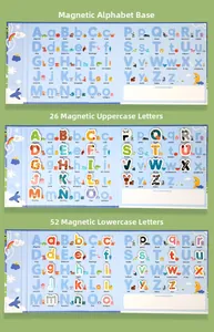 Three-stage view of magnetic alphabet learning board with colorful uppercase and lowercase letters