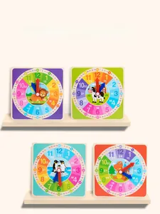 Detailed set of four colorful wooden teaching clocks with animal motifs and dual hour scales