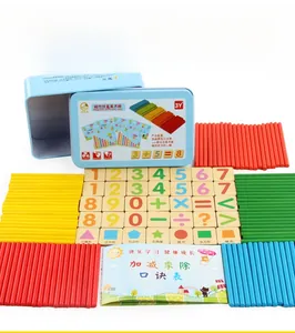 Macro detail of colorful wooden counting sticks and math number blocks in a magnetic tin box