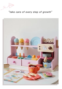Macro detail of wooden pink coffee and ice cream toy set with colorful accessories