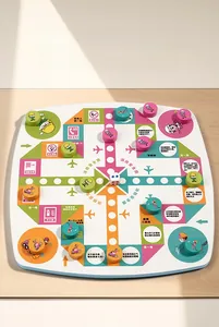 Close-up of wooden firefighting-themed flying chess board with colorful pawn pieces