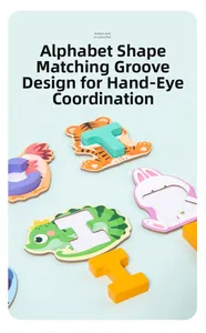 Detail showing wooden animal alphabet puzzles with grooved pieces for toddler learning