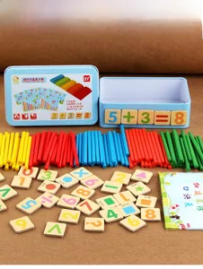 Detailed set of colorful wooden counting sticks and magnetic blocks in a blue tin box