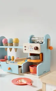 Macro detail of wooden toy coffee machine with pressure gauge and espresso accessories