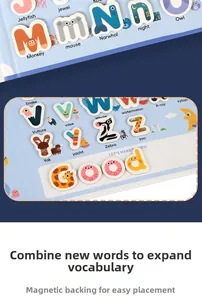 Detail of magnetic wooden alphabet tiles with colorful cartoon animals for spelling practice