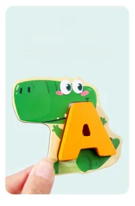 Close-up of thick wooden alphabet puzzle piece A with dinosaur base for kids