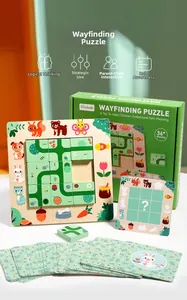 Macro detail of the wooden logic maze puzzle base with colorful animal illustrations