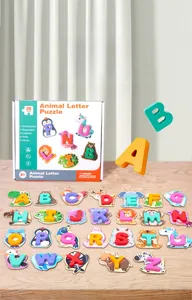 Detail of 26 wooden alphabet animal puzzles showing vivid colors and smooth textures