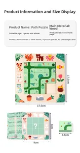 Detailed view of kids wooden pathfinding maze puzzle dimensions and card accessories