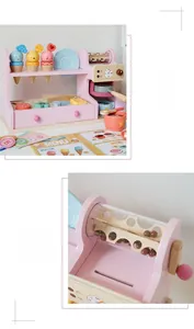 Close-up of smooth rounded edges on colorful wooden ice cream shop and coffee maker toy