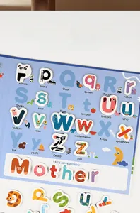Close-up of wooden puzzle board showing alphabet tiles and the word Mother spelled out