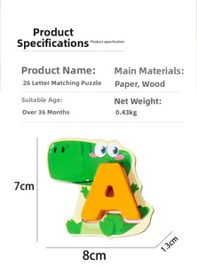 Detail view of wooden alphabet puzzle featuring a green crocodile and yellow letter A block