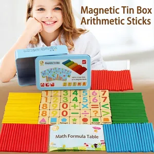 Magnetic math learning kit with colored wooden sticks and number blocks in a tin box