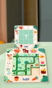 Close-up of wooden logical thinking puzzle game with animal patterns and green path tiles