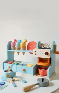 Detail of wooden coffee machine and ice cream toy set with pastel colors for kids