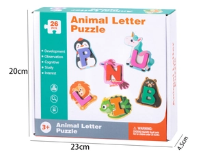 Detailed packaging box view of 26-piece wooden animal alphabet puzzle for toddlers