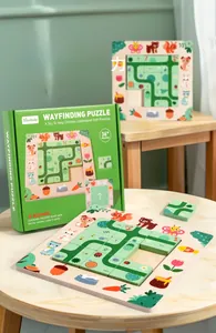 Close-up of wooden wayfinding maze puzzle with colorful animals for toddler skill building