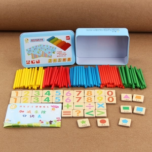 Magnetic math learning kit with colorful wooden sticks and number blocks in a metal box