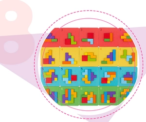 Detailansicht der bunten geometrischen Logikrätsel mit Schwierigkeitsstufen 3 bis 6