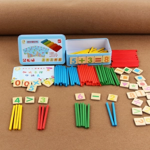 Magnetic metal tin with colorful wooden arithmetic sticks and math number blocks for kids