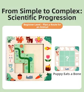 Detail of wooden logic maze puzzle with challenge cards and cartoon animal paths