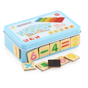 Magnetic math learning set with 100 colorful sticks and number blocks in a metal box