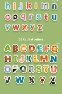 Close-up of 26 uppercase wooden letters with colorful cartoon animal designs for kids