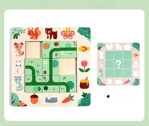 Educational wooden puzzle maze for kids showing path planning pieces and logic task cards