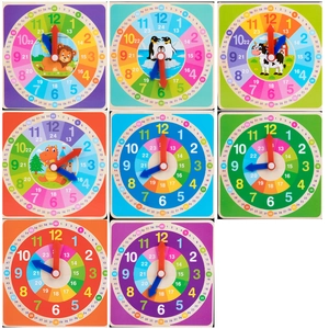 Educational wooden teaching clock for kids featuring colorful cartoon animal designs