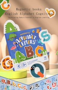 Close-up of 78 magnetic wooden alphabet tiles with colorful animal illustrations and words