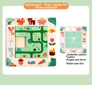 Close-up of wooden logic puzzle maze with animal icons and green sliding path blocks