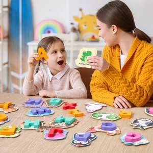 Educational wooden alphabet puzzle set with colorful animals for early learning
