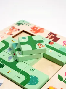 Close-up of a wooden animal maze board game with smooth sliding path blocks