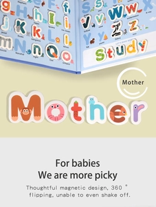 Detail of magnetic alphabet study set with animal-shaped letters and foldable book