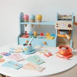 Wooden ice cream and coffee shop playset for girls with macarons and play money