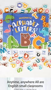 Macro detail of magnetic animal alphabet letters set with colorful cartoon animal designs