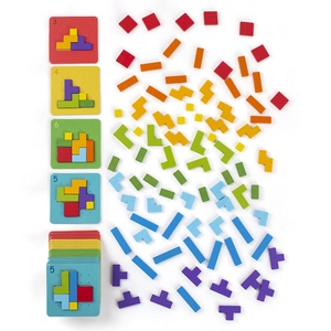 Pädagogisches Holzpuzzle Set mit bunten Bausteinen und Logik-Aufgabenkarten für Kinder
