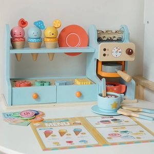 Wooden coffee machine and ice cream play set for kids in light blue and natural finish