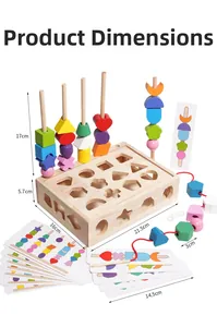 Makroansicht der Holzbausteine und Logikkarten mit Produktabmessungen für Kinder