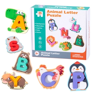 Wooden animal alphabet puzzle set with 26 colorful letter pieces and storage box