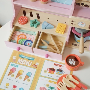 Wooden kids coffee and ice cream shop play set with pink counter and accessories