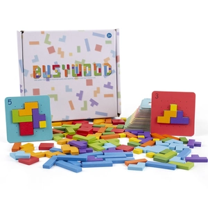 Lernset aus Holz-Tetris-Puzzles mit bunten Blöcken und Aufgabenkarten für Kinder