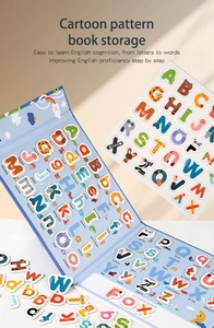 Macro detail of magnetic cartoon animal letters and educational spelling book for kids